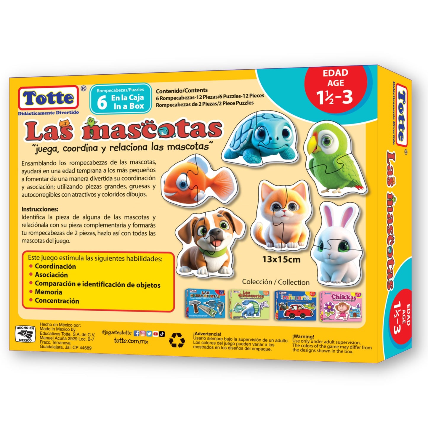 Las Mascotas 6 Rompecabezas de 2 piezas , Educativos Totte