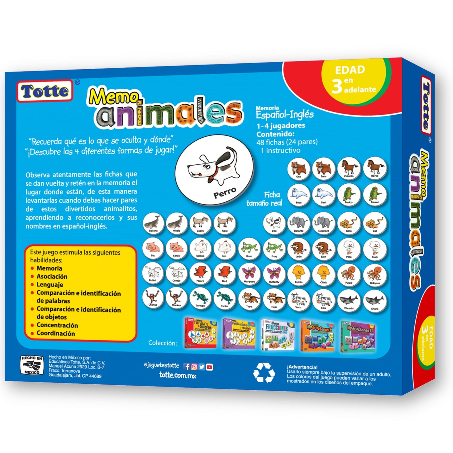 Memo Animales 48 piezas (español-inglés) , Educativos Totte