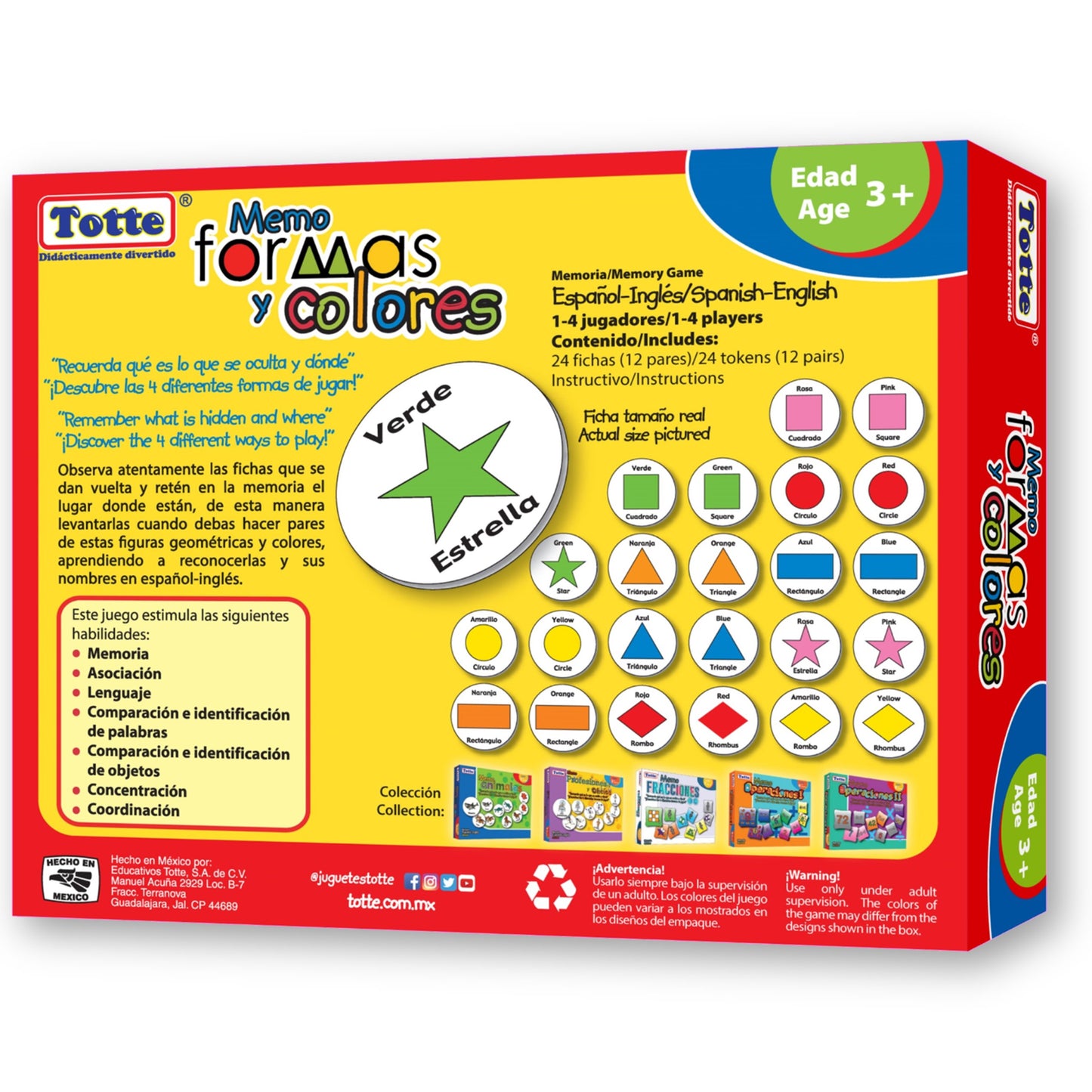 Memo Formas y Colores 24 piezas (español-inglés) , Educativos Totte