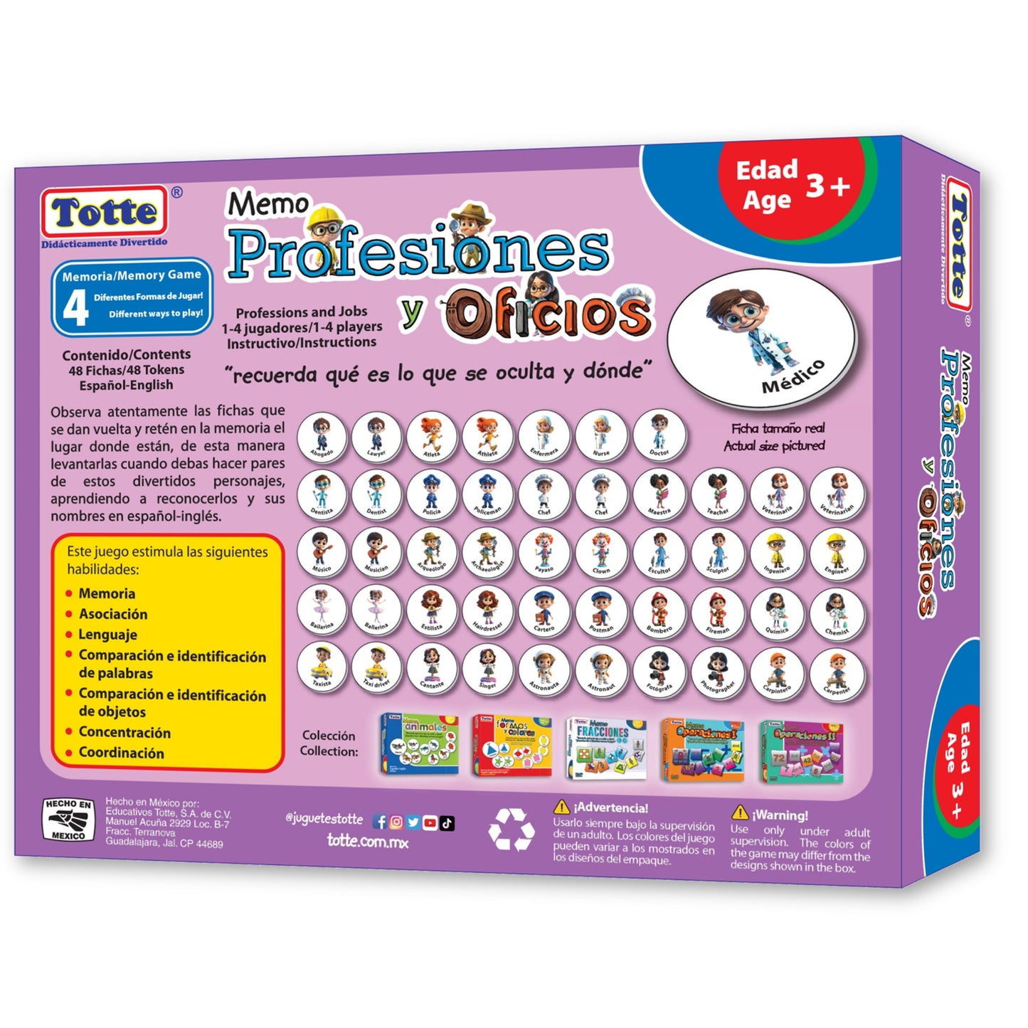 Memo Profesiones y Oficios 48 piezas (español-inglés) , Educativos Totte