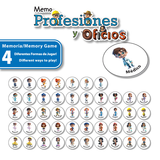 Memo Profesiones y Oficios 48 piezas (español-inglés) , Educativos Totte